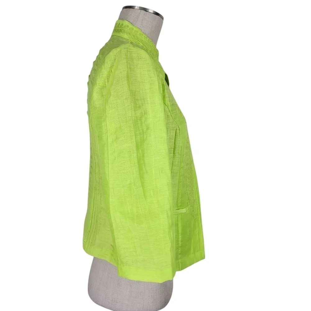 Chicos Blazer Size 0 S 4 Neon Green Open Front Embroidered Pockets Linen Blend
